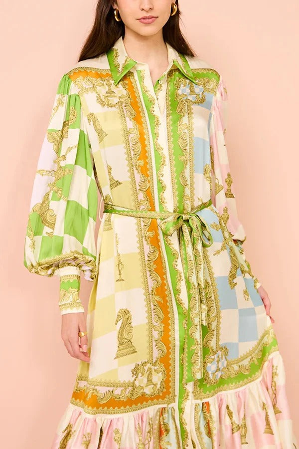Vestido camisero largo con cinturón y mangas abullonadas con estampado único de satén para fiesta en el jardín