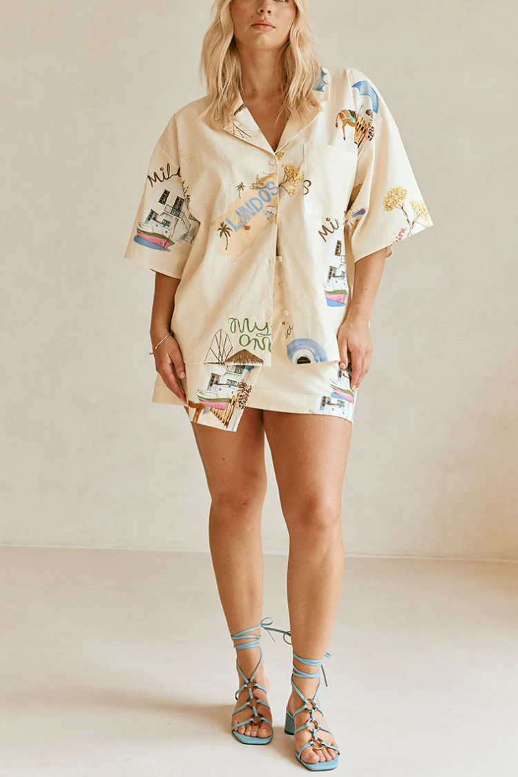 Conjunto de minifalda cruzada de tiro alto y camisa de manga corta con estampado único de mezcla de lino Kea