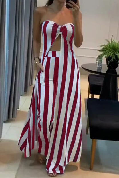 Conjunto de top largo informal con hombros descubiertos y estampado de rayas y pantalones rectos con bolsillos sueltos