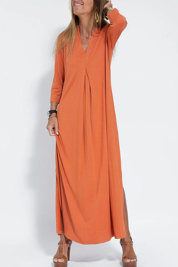 Vestido largo informal de color liso con cuello en V para mujer