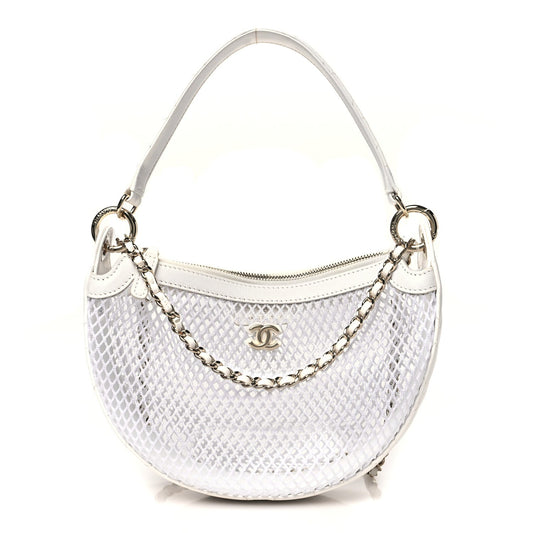 Mesh Shiny Lambskin Chain Hobo White