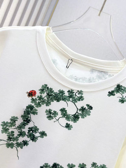 CD Fitted T-Shirt White Cotton Jersey with Green Toile de Jouy Clover Motif