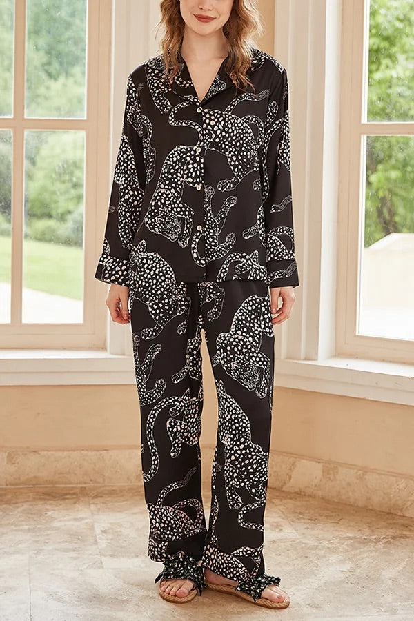 Conjunto de dos piezas de manga larga para casa con estampado de jaguar negro