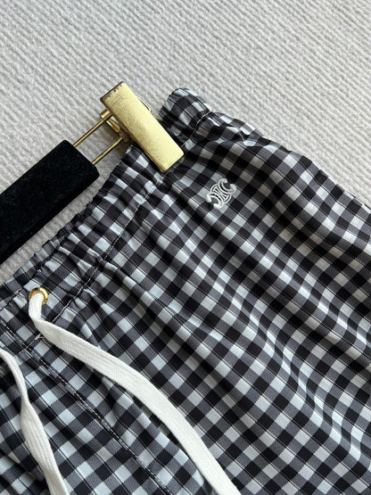 Celine 25 Arc de Triomphe Plaid Casual Pants Black White Polyester