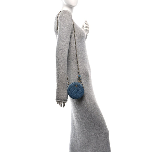 Denim Quilted Round Pearl Crush Clutch With Chain Blue