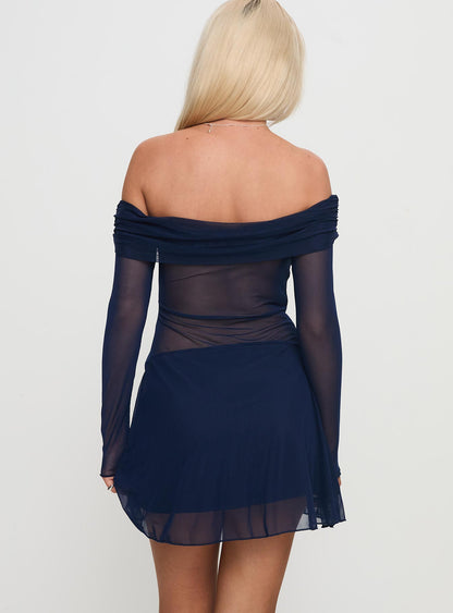 Virtues Long Sleeve Sheer Mini Dress Navy