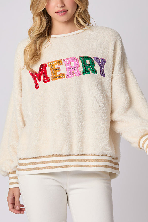 Sudadera de cuello redondo de manga larga con letras navideñas y diamantes de imitación