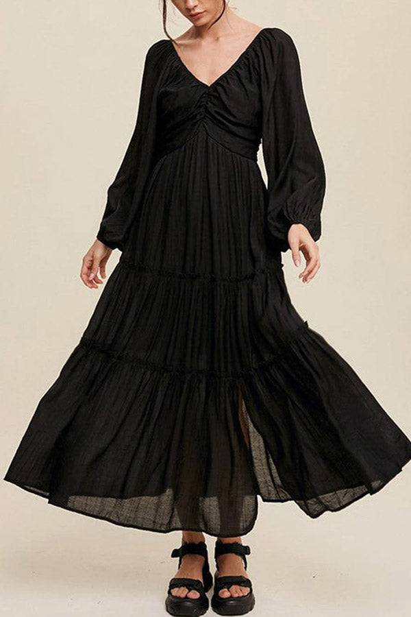 Vestido largo escalonado con volantes, escote en V y lazo