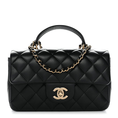 Lambskin Quilted Mini Top Handle Rectangular Flap Black