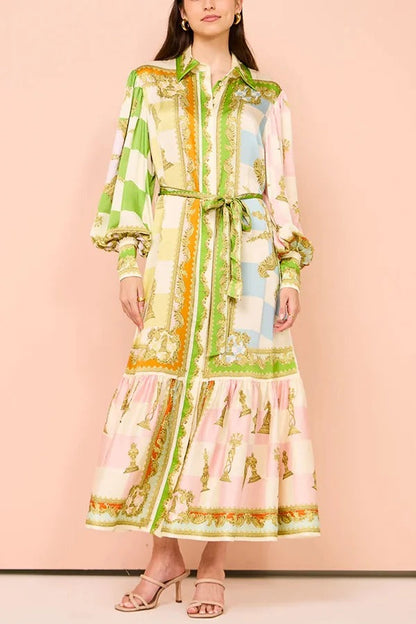 Vestido camisero largo con cinturón y mangas abullonadas con estampado único de satén para fiesta en el jardín