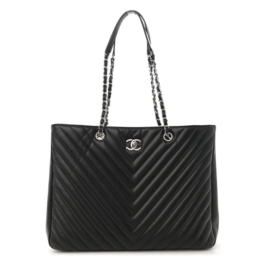 Caviar Chevron Quilted Large Shopping Tote Tote Black