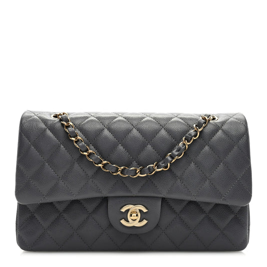 Caviar Quilted Medium Double Flap Dark Grey