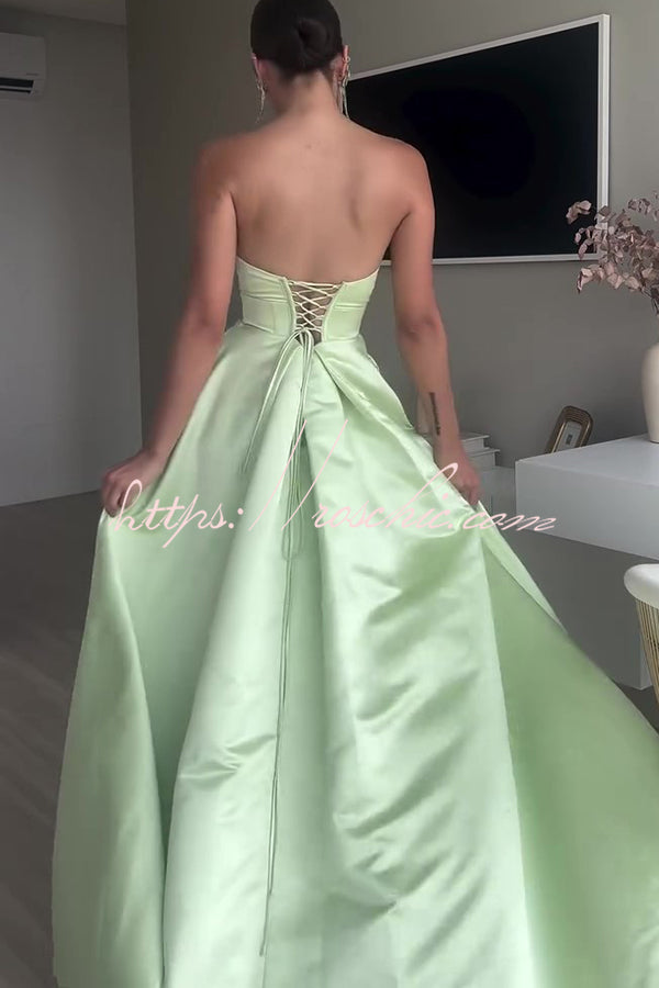 Chic Queen Satin Hollow Strapless Slim High Slit Party Maxi Dress