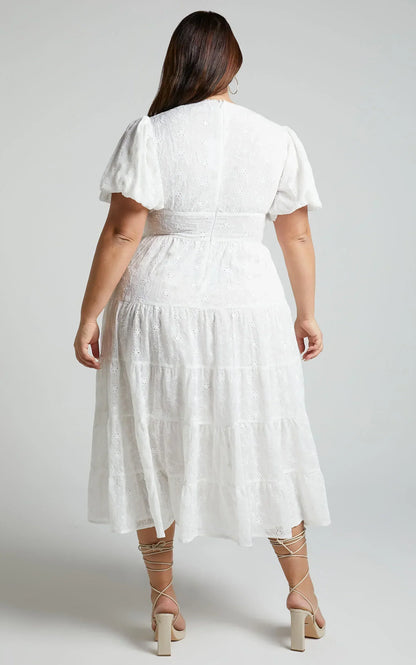 Divora Midi Dress - Plunge Balloon Sleeve Tiered Dress in Ivory