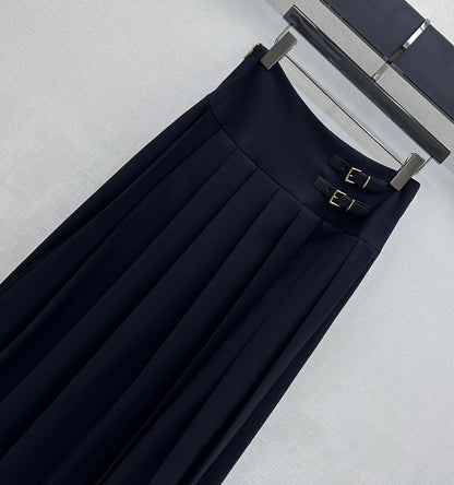 Miumiu 2026 Leather-buckled Pleated Midi Skirt Navy Blue Cotton 356069