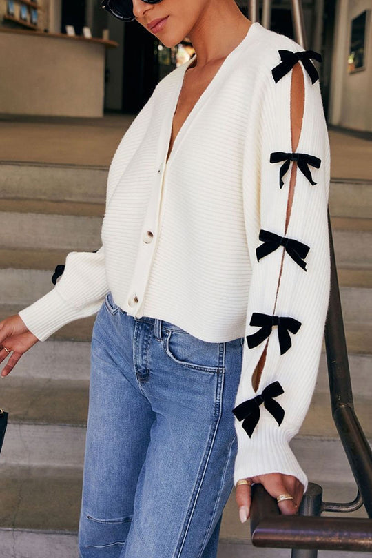 Cárdigan de punto con cuello en V, manga larga y lazo anudado de moda 