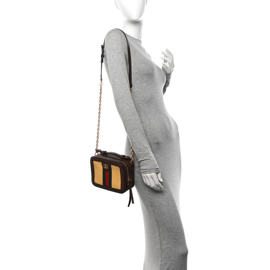 Canvas Textured Calfskin Web Mini Ophidia Top Handle Shoulder Bag Easy  Yellow Dark Brown