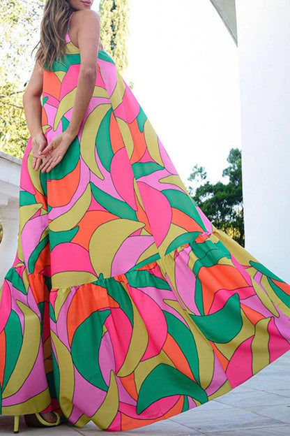 Vestido largo con cuello en V, bloques de colores geométricos multicolores y capas