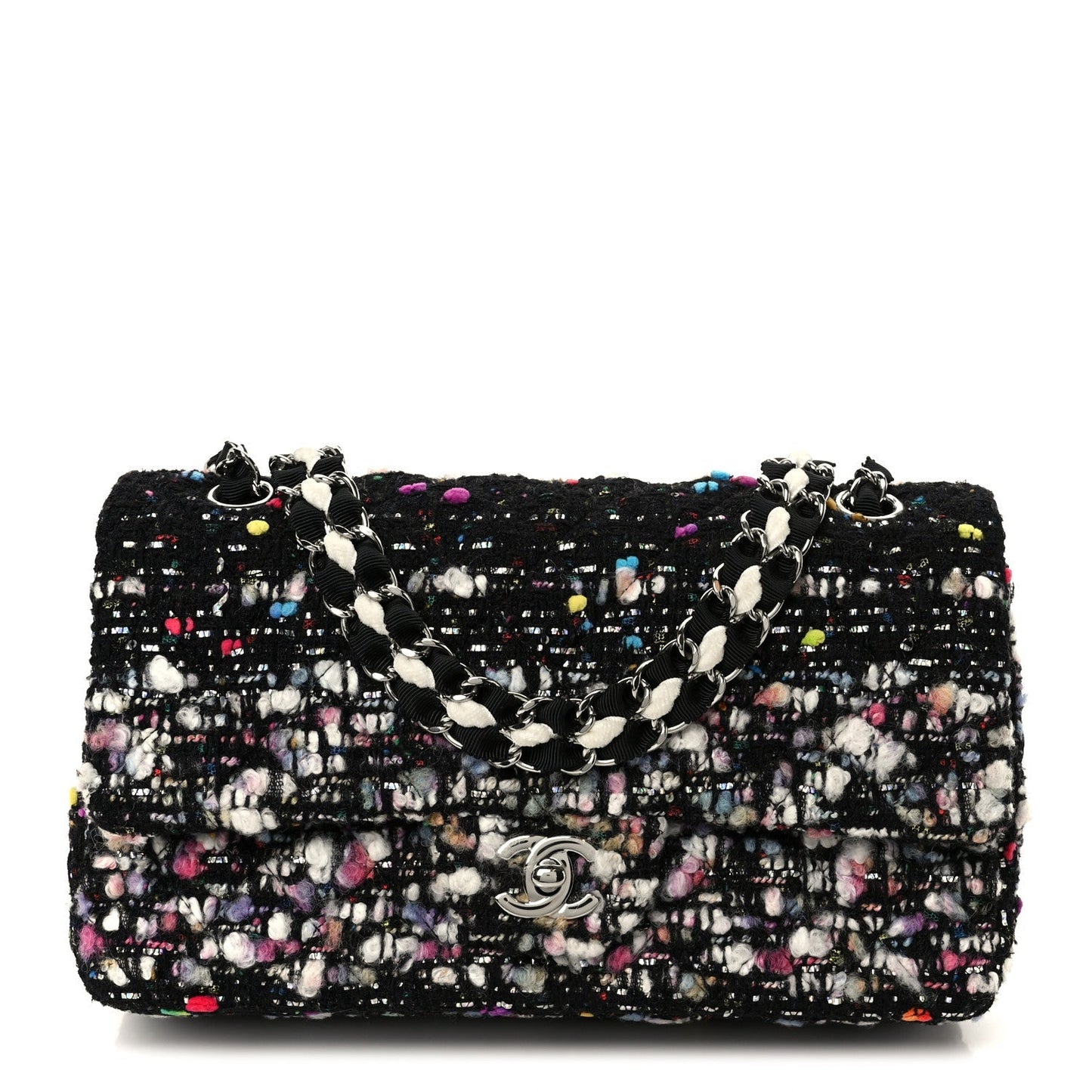 Tweed Quilted Medium Double Flap Black White Yellow Pink