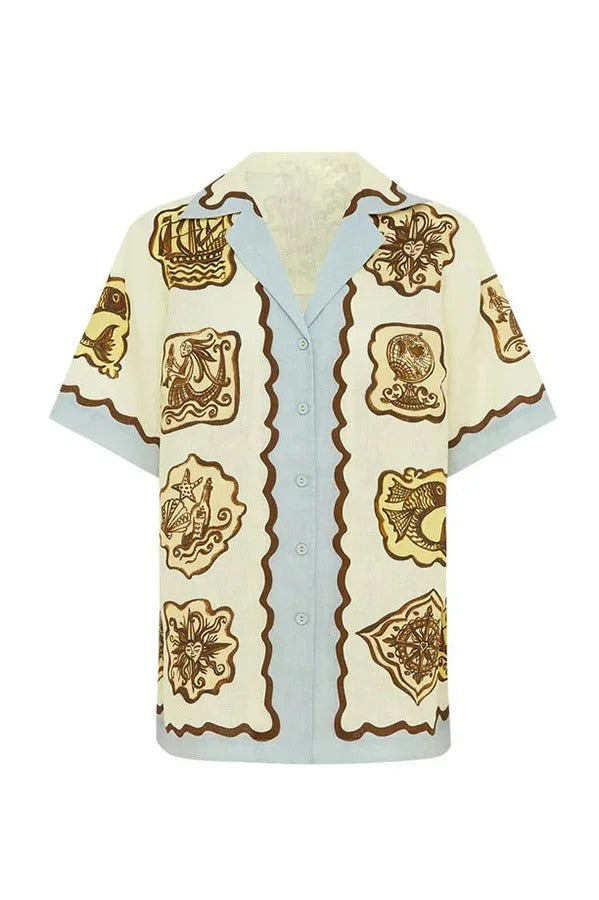 Blusa extragrande con botones y manga corta con estampado único de mezcla de lino Lakeside Breeze