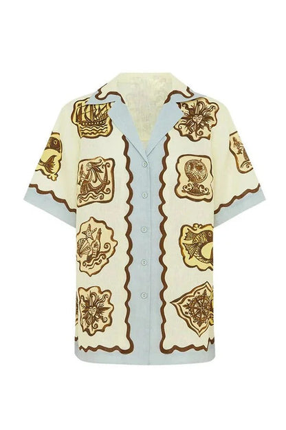 Blusa extragrande con botones y manga corta con estampado único de mezcla de lino Lakeside Breeze