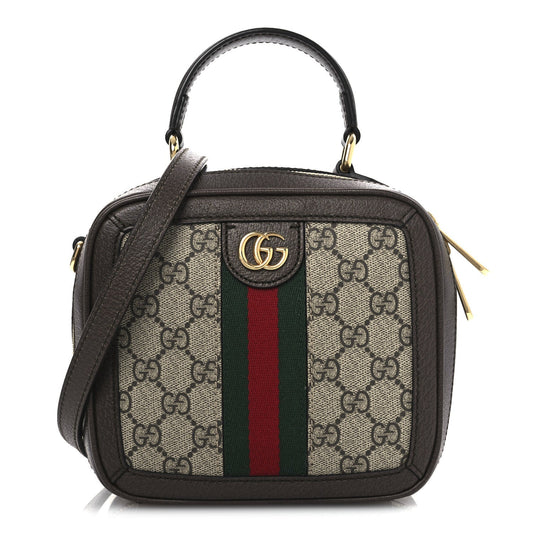 GG Supreme Monogram Textured Dollar Calfskin Mini Ophidia Top Handle Square Shoulder Bag Beige Ebony New Acero