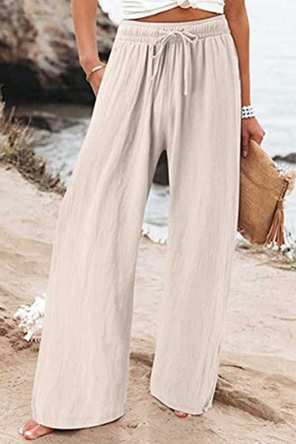 Pantalones casuales de playa de lino y algodón con cordón y pierna ancha