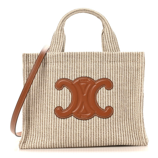 Canvas Calfskin Striped Triomphe Small Cabas Beige