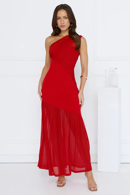 Vibe Style One Shoulder Mesh Maxi Dress