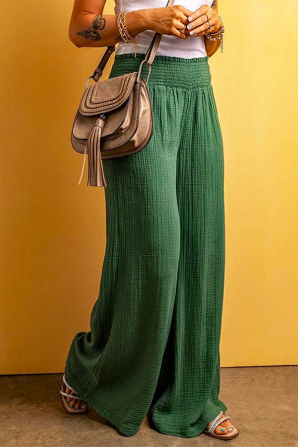 Pantalones de lino y algodón con cintura elástica y pierna ancha fruncidos