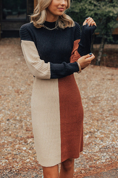 Vestido mini de punto con cuello alto y bloques de color en color café con leche de invierno