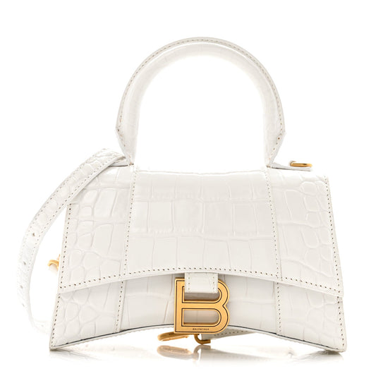 Shiny Calfskin Crocodile Embossed Hourglass Top Handle Bag XS White