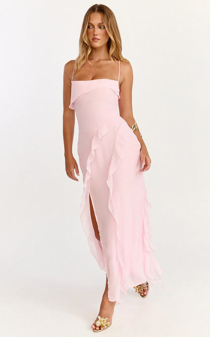 Connie Midi Dress - Ruffle Detail Dress in Pink