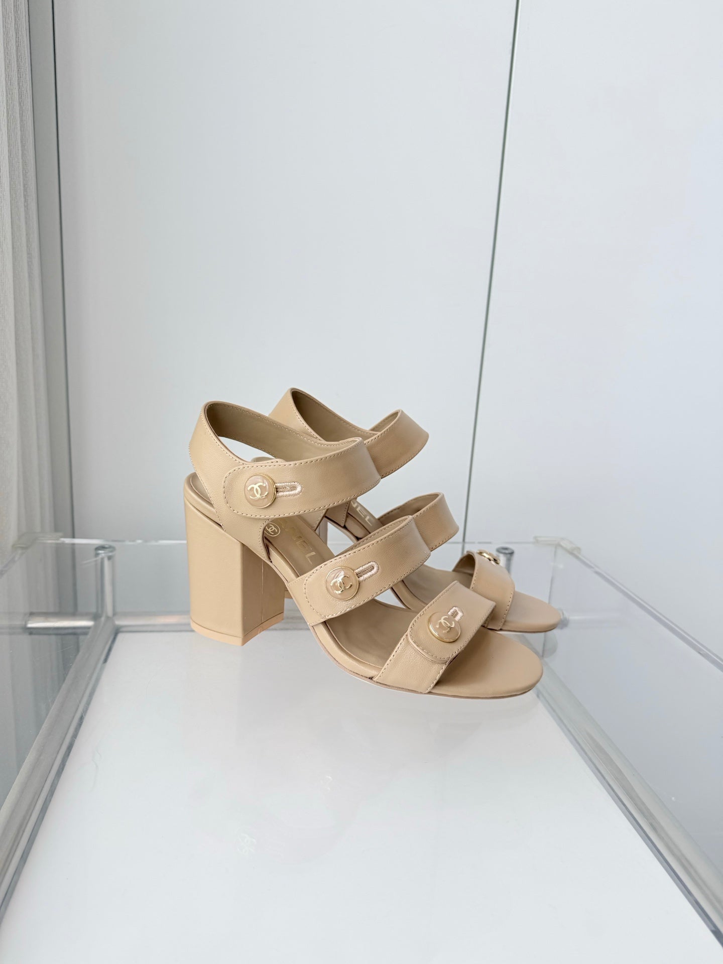 Chanel 26 Turnlock 80 Beige Sandal Heels in Lambskin 597405