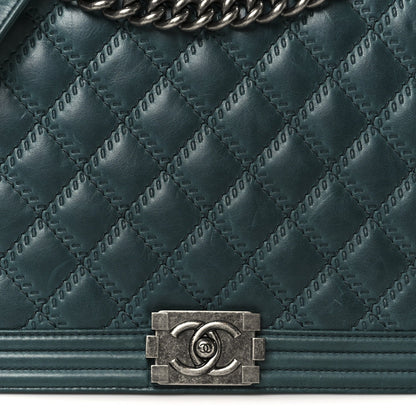 Calfskin Quilted Double Stitch Large Boy Flap Green