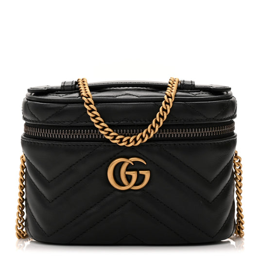 Calfskin Matelasse Chevron Mini GG Marmont Top Handle Bag Black