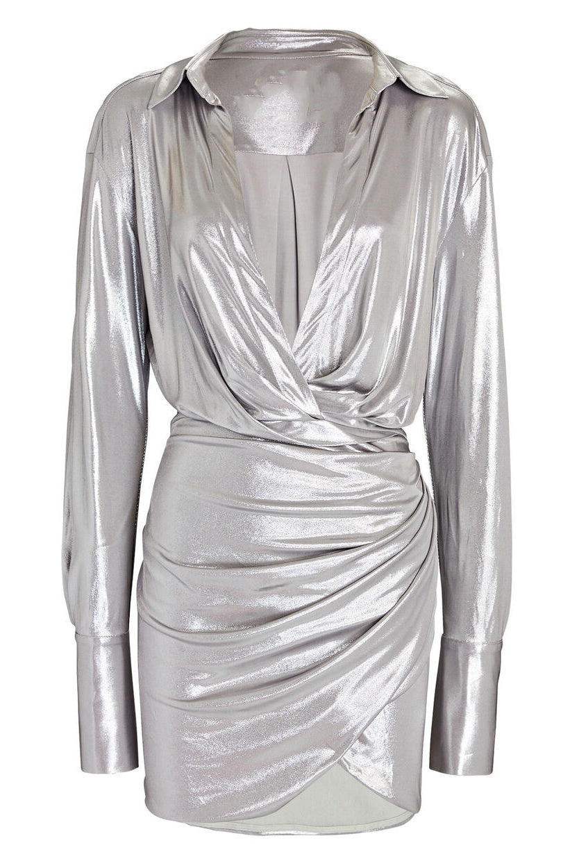 Minivestido Frederica con escote en V fruncido metalizado 