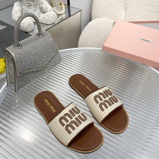 MIUMIU RAFFIA EFFECT WOVEN FABRIC SLIDES NATURAL 5XX644 3LOM F0018 F 005