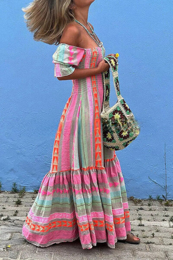 Vestido largo bohemio fruncido con bolsillos y bloques de color geométricos para festival de música