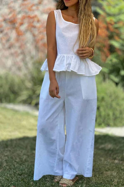 Conjunto de dos piezas de top sin mangas y pantalones anchos de algodón y lino en color liso
