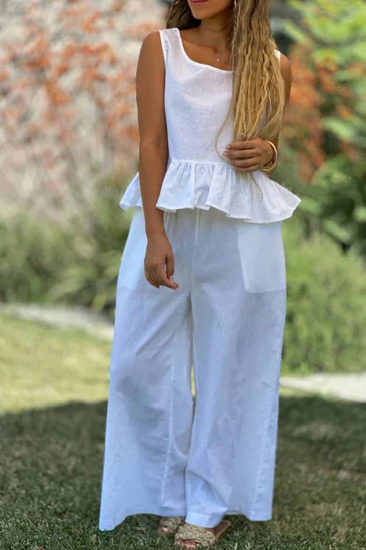 Conjunto de dos piezas de top sin mangas y pantalones anchos de algodón y lino en color liso