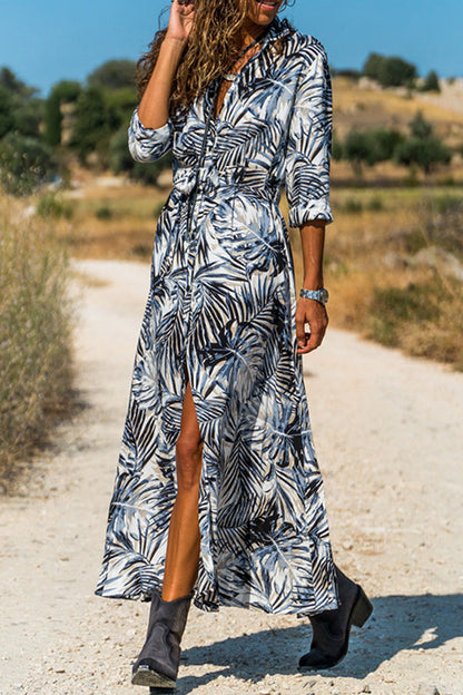 Vestido largo botonadura sencilla con estampado bohemio y cuello de solapa