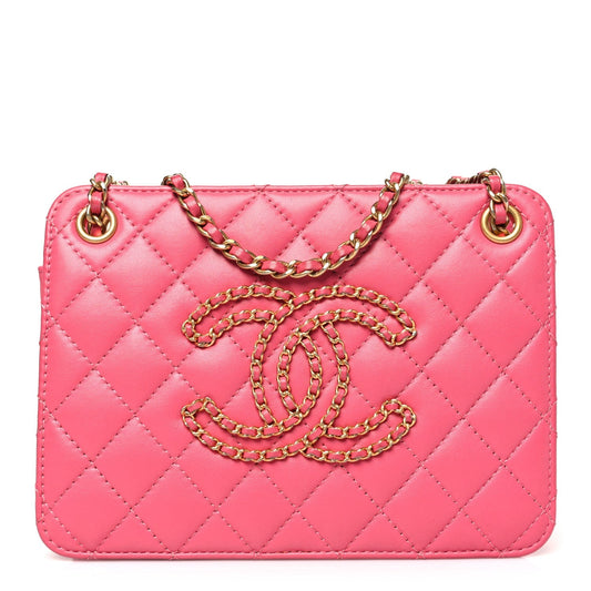 Calfskin Quilted Small CC Chain Accordion Tote Pink