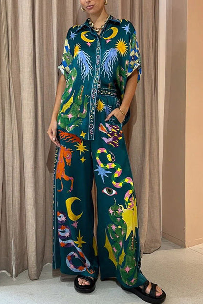 Pantalones Pierson de mezcla de lino con estampado único, cintura elástica, bolsillos y pierna ancha