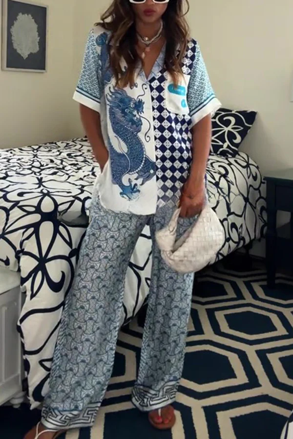Conjunto de camisa holgada de manga corta con estampado de dragón único y pantalones con bolsillo en la cintura elástica
