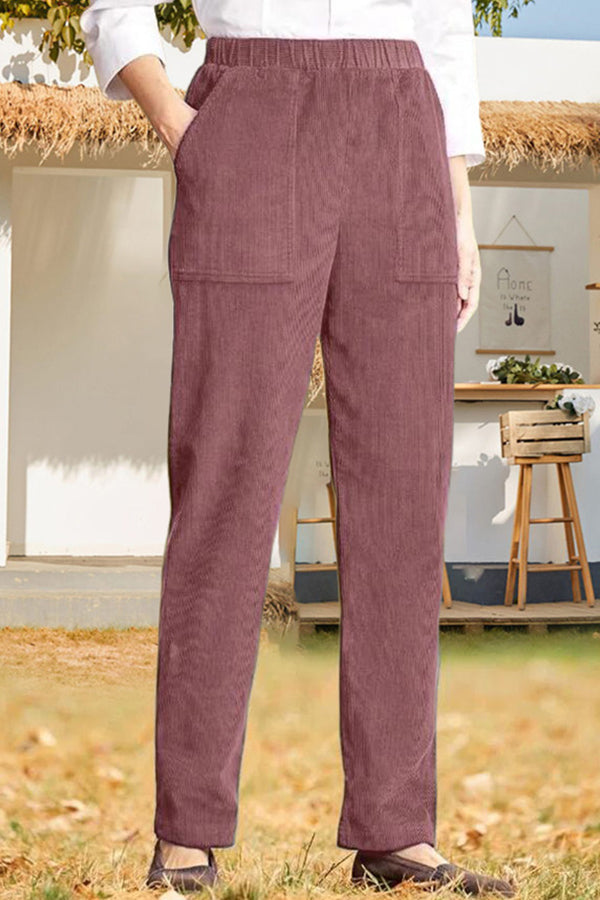 Pantalones casuales rectos a rayas con cintura elástica de color sólido