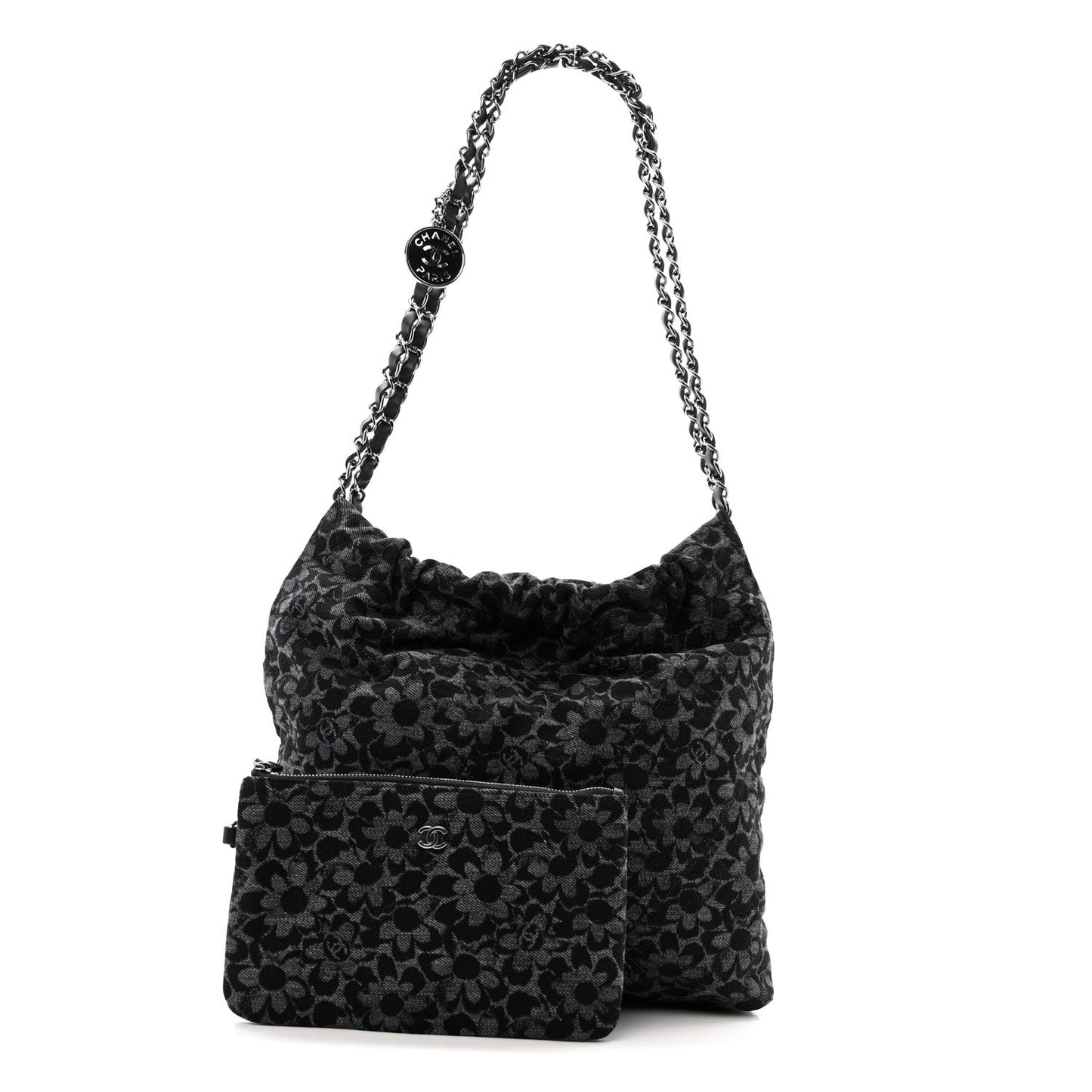 Denim Quilted Floral Print Small Chanel 22 Black