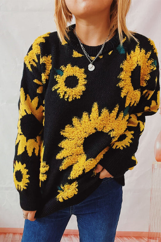 Suéter de punto de manga larga con cuello redondo y estampado de jacquard de girasol