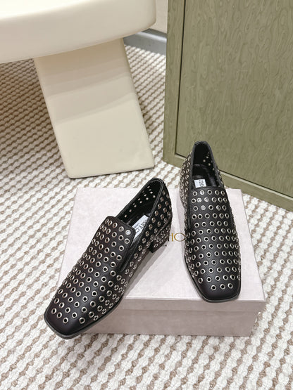 Jimmy Choo Eliot Slippers 45mm Metallic Eyelets Black Calfskin 568494