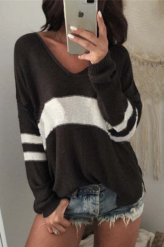 Suéter de punto de manga larga con cuello en V y patchwork de moda